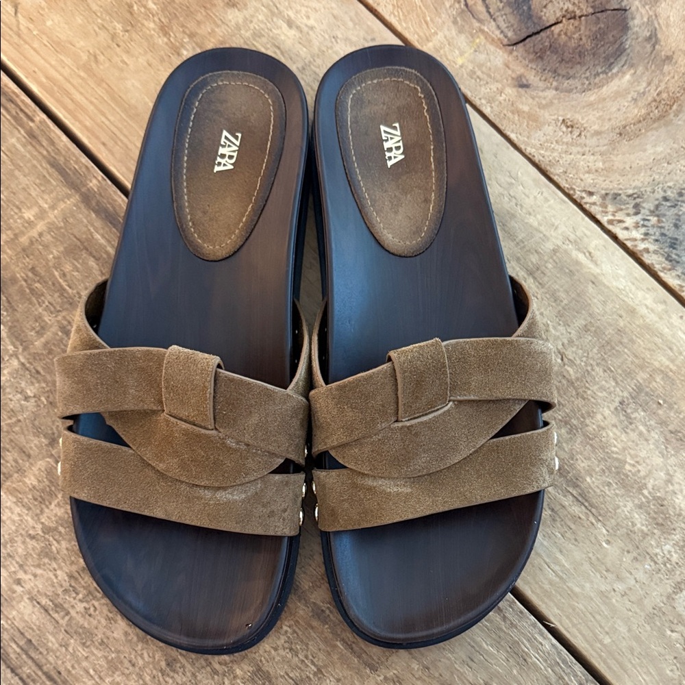 Zara Men's Tan Suede Slide Sandals